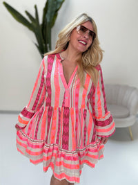 BOHO Kleid kurz STYLE pink/brombeere/orange