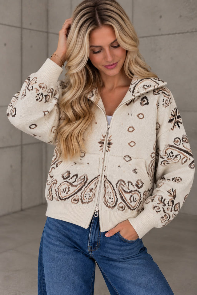 Zipper Strickjacke mit angesagtem Paisleymuster beige