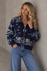 Zipper Strickjacke mit angesagtem Paisleymuster navy