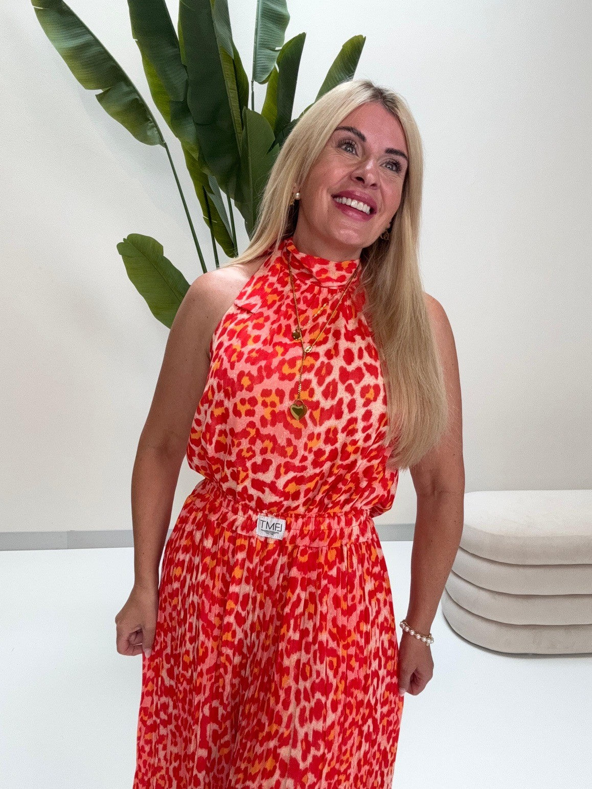 Neckholder Top mit Bindedetail creme LEO rot/orange