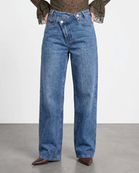 Stretch Straight Jeans mit versetztem Bund blue denim