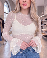 Mesh Oberteil langarm mit Volants & Punkten aus Samt creme