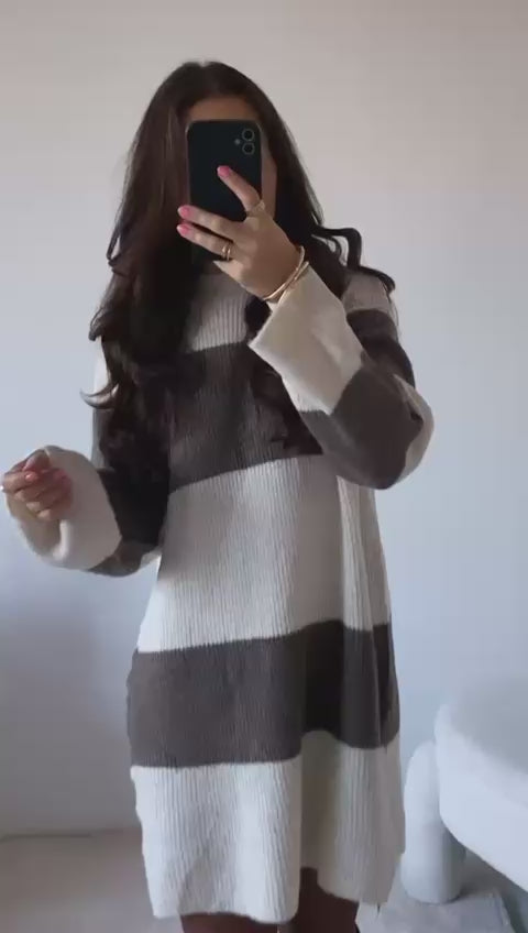 Strickkleid BIG STRIPES creme/taupe