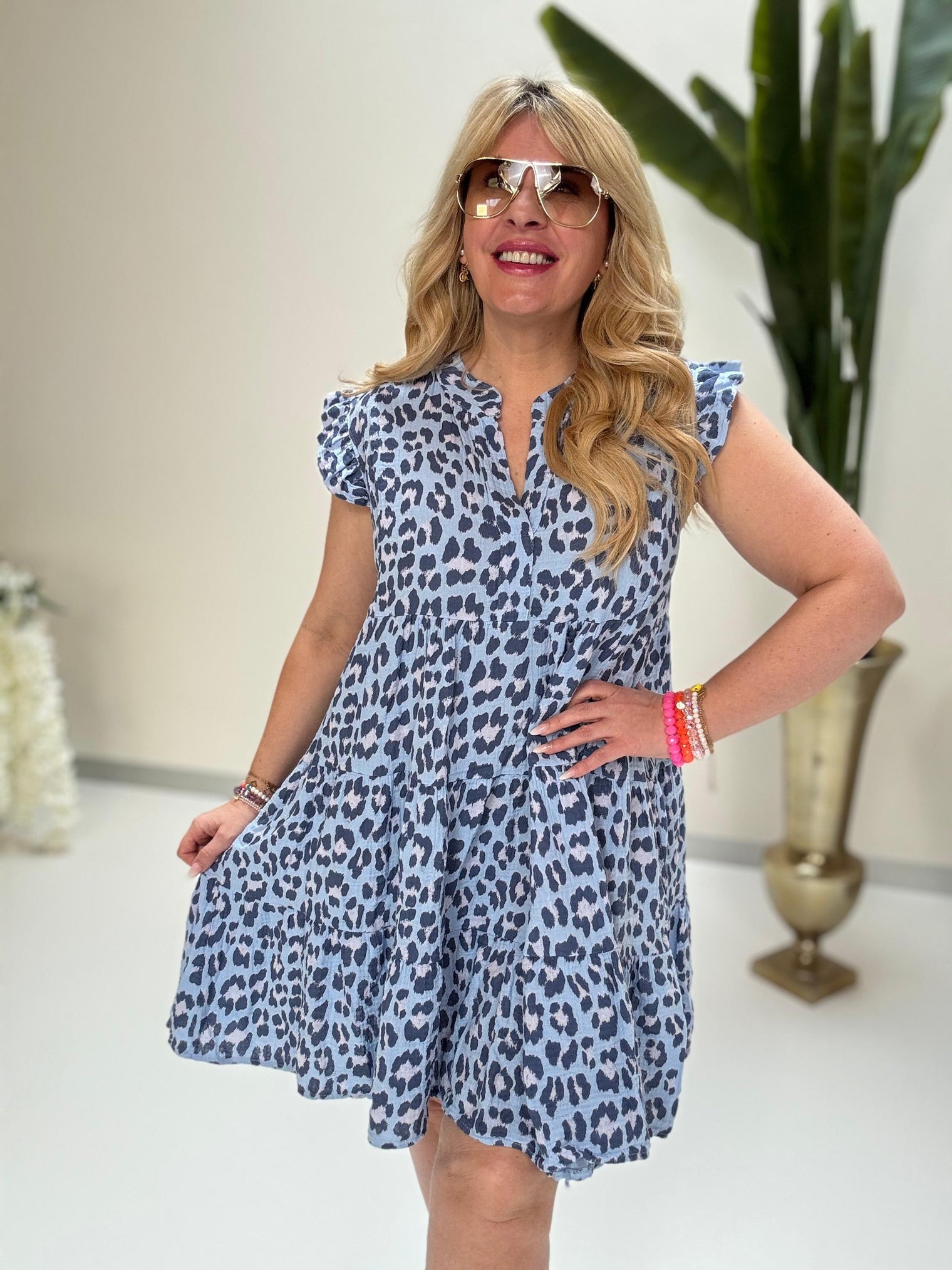 Signature Musselin Kleid kurz hellblau LEO POWER dunkelblau